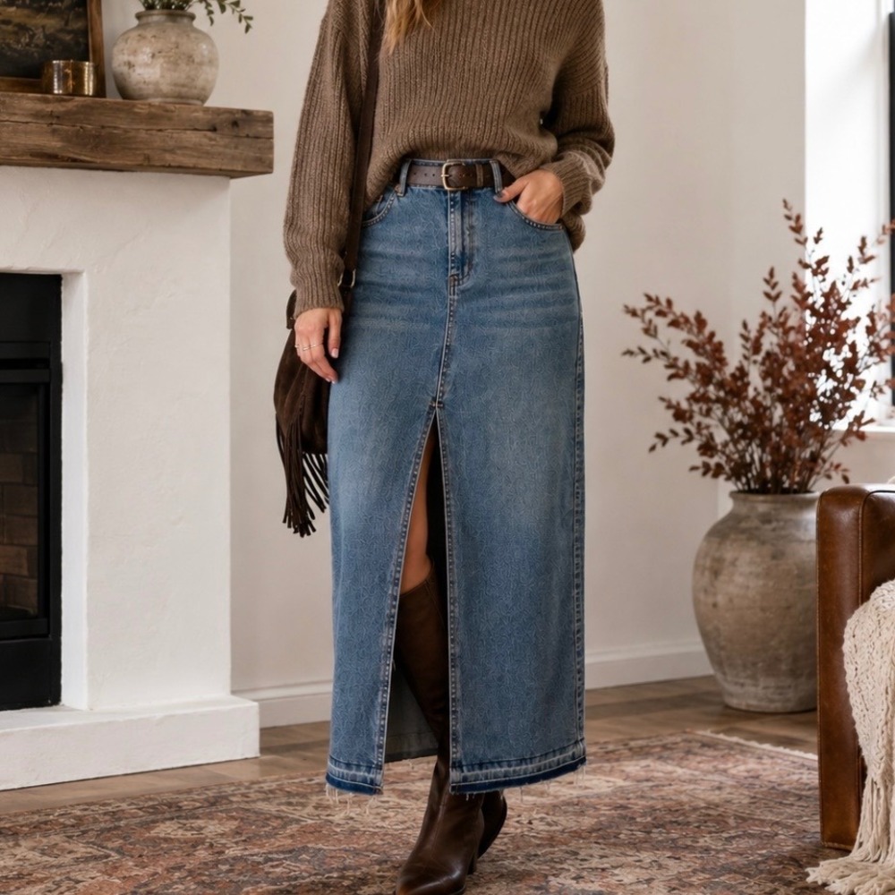 NWT Happily Grey High Slit Denim Maxi Skirt 11/29 Raw Hem Western Cowgirl Edgy
